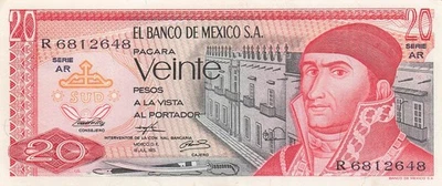 Billete Circulado México 20 Pesos 18.7.1973 Serie AR Prefijo R PPZ Foto 1 de 2