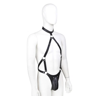 Men Flirt Leather Harness Belt Mankini Thong  Jockstrap Club Wear Bodysuit - Image 1 of 4