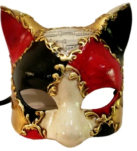 CAT 1 HANDMADE IN ITALY - FEMALE CAT MASK, PAPIER MACHE, RED/BLACK , DESIGN 1. - Picture 1 of 3