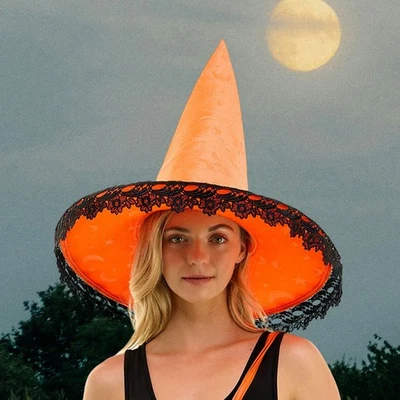Bright Orange Witch Hat Black Lace Ribbon Wide Brim Halloween Costume Accessory - Image 1 of 3