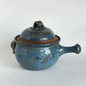 Art Pottery Blue Casserole With Lid Stick Handle Glazed Swirls Whimsical Signed - Picture 1 of 13