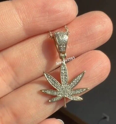 Certified Natural Diamond 10k Real Yellow Gold Marijuana Leaf Pendant For Womens - Image 1 of 4