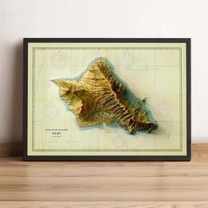 Oahu Map, Oahu Island 2D Relief Map, Oahu Vintage Map - 2D Flat Print - Picture 1 of 8