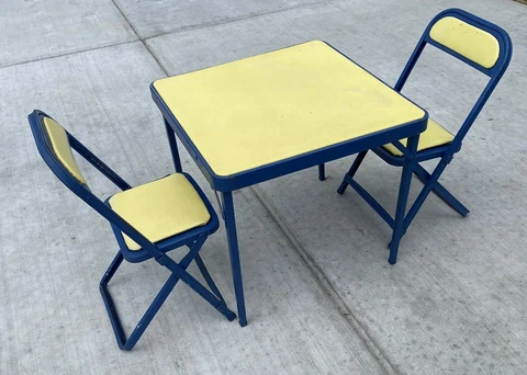 Vintage Child's Table and Folding Chair Set Blue Yellow Metal Mid Century Cover