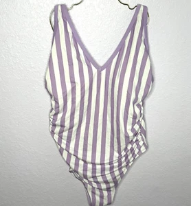 Kona Sol Purple White Striped V Neck High Leg One Piece Swimsuit Size 24W NEW! - Picture 1 of 15