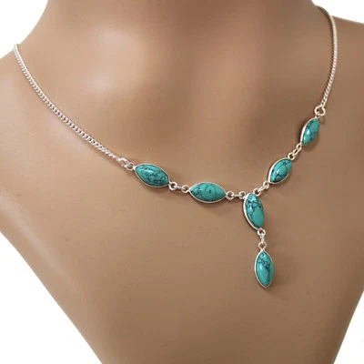 Halskette Silber 925 Y Collier 40cm Kette  6 Cabochon Türkis-Howlith - Bild 1 von 4