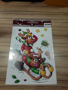 XL Kinder Fensterbild BUNT 2 lustige Rentiere auf Schlitten Weihnachten Sterne - Bild 1 von 2