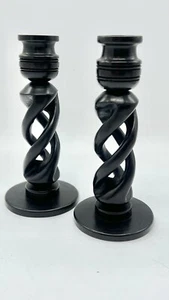 Black Wooden Twist Candlestick MCM Vintage - Picture 1 of 3