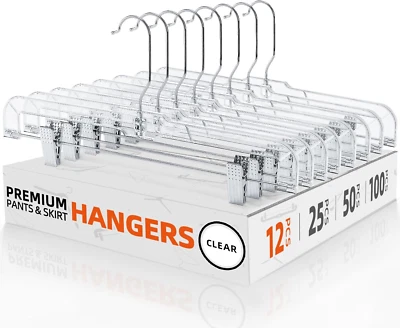HOUSE DAY 12 Pack 14 inch Clear Plastic Skirt Hangers with Adjustable Clips, Pan - Image 1 of 4