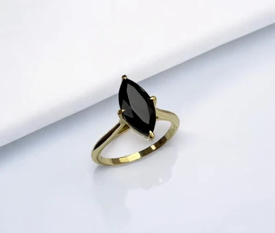 Anillo de compromiso chapado en oro vintage de ónix negro corte marquesa para mujer Foto 1 de 4