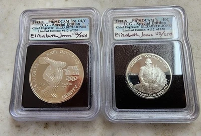 ICG 1982 S Washington Half And 1983 S Olympic Dollar Signed By Elizabeth Jones - Image 1 of 3