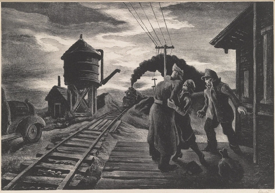 Thomas Hart Benton - Morning Train Soldiers Farewell 1943 firmado - impresión 17"x22" Foto 1 de 1