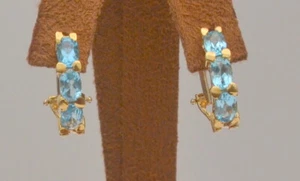 18k Yellow & White Gold Omega Back Earrings Blue Topaz 7.2g 13mm x 20mm E3 lot - Picture 1 of 8