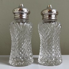 Coppia Set Cruetette Antico Argento Sterling Solido Vetro Tagliato B'ham 1914