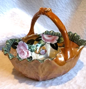 Vintage candy dish Made In Japan Basket Cabbage Leaves Floral Glossy opulant - Picture 1 of 24