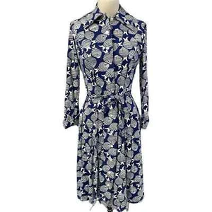 Vintage Jamison Boutique 1970s Blue White Fish Print Shirt Dress Cotton Knit S - Picture 1 of 9