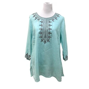 NWT  Saks Fifth Avenue Women's  Embroidered Tunic  Top  100% Linen Mint  Blue - Picture 1 of 9