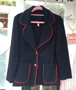 Beautiful Vintage Black Wool Blend Jacket Blazer Red Piping UK8 Collar Button Up
