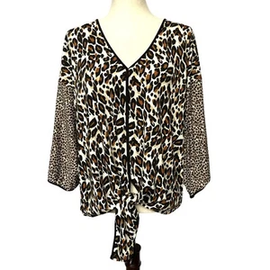 Chenault Women's Blouse Top Size L Brown Leopard Animal Print V-Neck Waist Tie - Picture 1 of 12