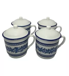 Williams Sonoma Blue And White Leaf Band Coffee Tea Soup Cups With Lids Set Of 4 - Picture 1 of 13