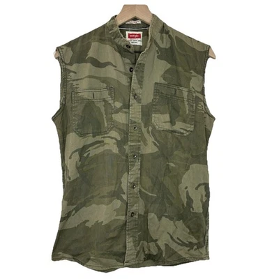 Wrangler Camo Button Up Shirt Small Green Sleeveless Distressed Grunge Punk - Image 1 of 4