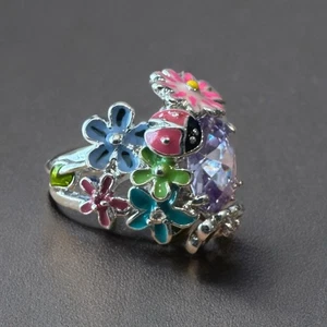 Whimsical Floral Statement Ring w/ Purple Stone Ladybug Size 8.5 Garden Style - Picture 1 of 8