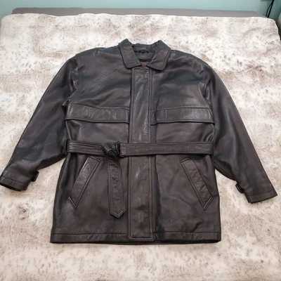 Chaqueta de cuero negra vintage Johnson & Murphy para hombre talla 40 con cinturón y forro Foto 1 de 4