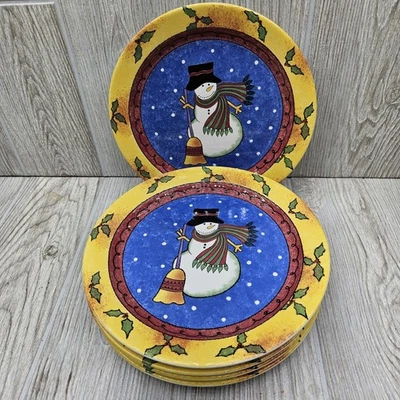 5 Sango Sweet Shop Christmas Sue Zipkin Salad Plates Yellow Border Snowman Set - Image 1 of 4