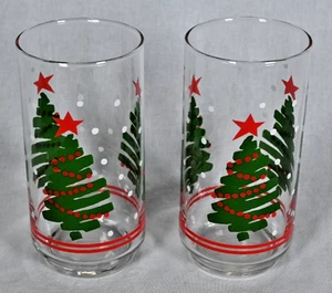 Set (2) Vintage Libbey Weihnachten Trinkgläser Becher Schneebaum roter Stern - Bild 1 von 5