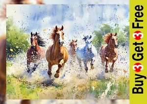Galloping Wild Horses 5"x7" Print on Matte Paper | Energetic Watercolor Painting - Picture 1 of 17