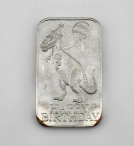 Vintage Happy Birthday Tyrannosaurus Rex T-Rex 1oz .999 Silver Art Bar - Picture 1 of 4