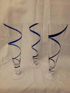 Pier 1 One Cobalt Blue Swirline Pilsner Beer  Flutes Swirl Glasses Lot Set  Of 3 - Picture 1 of 10
