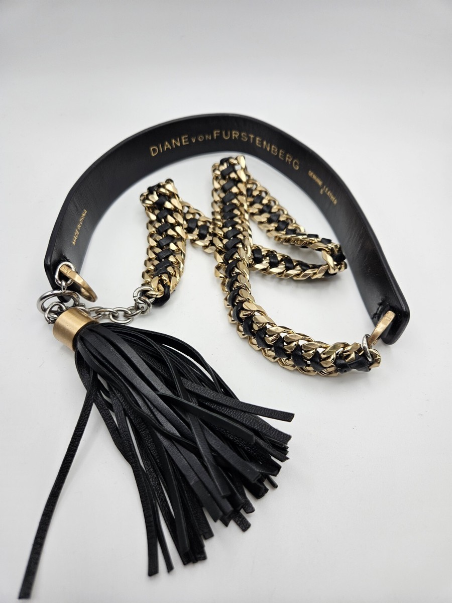 Diane von Furstenberg DVF Black Leather Tassel Metal Gold  display picture 1