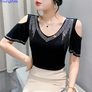 Camicia donna strass maglia a spalla fredda estate western festa cocktail top camicetta - Foto 1 di 16