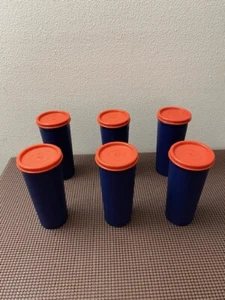 New Tupperware Straight -Stacking Tumbler Set of 6-Navy Blue base and Red Seal - Picture 1 of 2