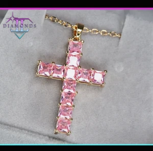 Pink Diamond Cross Pendant | Gold Pink Diamond Cross, Princess Cut Cross Pendant - Picture 1 of 5