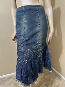 Women’s Blue Cotton Denim Stretch Beaded Lace Boho Zipper Size S(4-6) Skirt 3702 - Picture 1 of 23