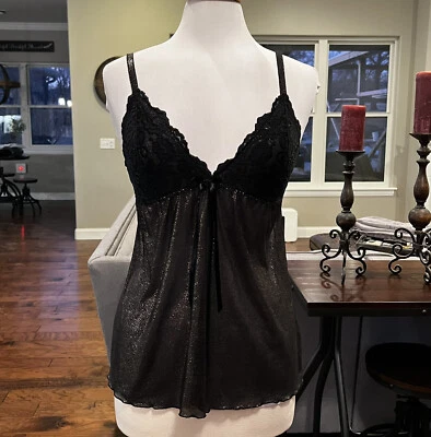 Cabernet Lingerie Women's Small Black Gold Metallic Dot Babydoll Chemise Lace S - Image 1 of 4