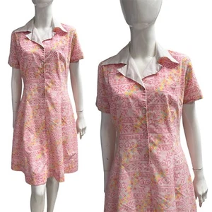 Vintage 60's Pink Print Shirt Dress 14 Mod Retro Pastel A Line True - Picture 1 of 5