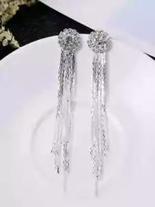 Long Shiny Silver Fringe Tassel Earrings Drop Dangle Prom Pageant Wedding - Picture 1 of 8