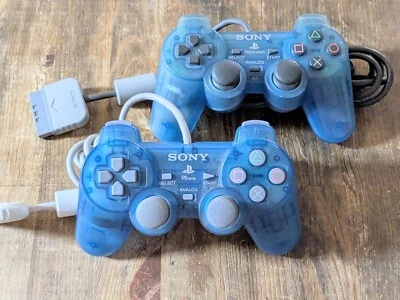 Sony PlayStation 2 PS2 PS1 Official OEM Controller AUTHENTIC Clear Blue x 2 - Image 1 of 4