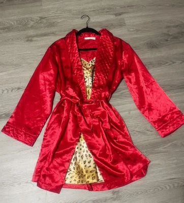 Vintage Oscar de La Renta Etiqueta Rosa Satén Leopardo Estampado Chemise y Bata Roja Pequeña Foto 1 de 4