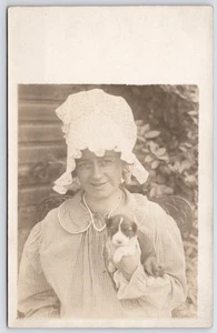 RPPC Closeup of Young Gal in Sunbonnet Holding Beagle Puppy Dog~c1910 Postcard - Picture 1 of 2