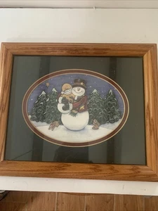 Schneemann gerahmt 10" x 12" Winterszene mattiert 7" x 5" Landhausstil - Bild 1 von 4