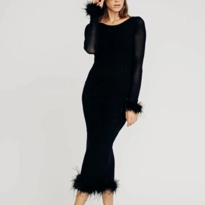 Vestido Torn By Ronny Kobo Negro Tejido Serenidad Con Detalles Borde Pluma Talla M Foto 1 de 4