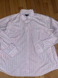 LANDS END Men's Traditional Fit No Iron Twill Pink Blue Stripe Shirt Long Sleeve - Picture 1 of 7