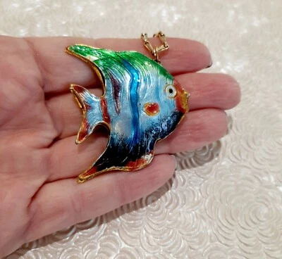 Collar largo vintage cloissone grande pez tropical azul hinchado | calidad superior Foto 1 de 4