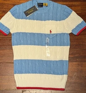 Polo Ralph Lauren kurzärmeliger Kabelstrickpullover mit Rundhalsausschnitt in hellblau & weiß - Bild 1 von 2