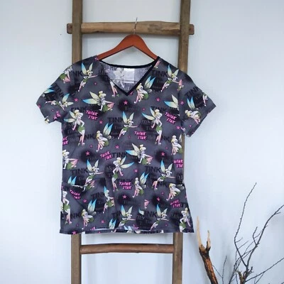 Womens Medical Nursing Srubs Top Sz M Tinkerbell Fairy Black Pockets Kids Gray - Image 1 of 4
