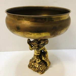 Vintage Brass Planter Bowl Pot Cast Boy Cherub Pedestal Base 10” H - Picture 1 of 9